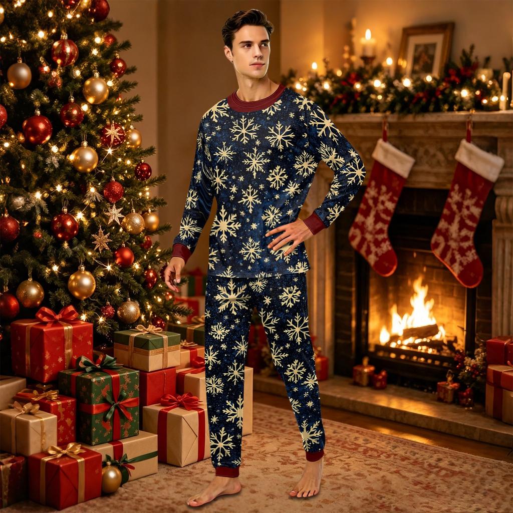Family Matching Christmas Print Pajama Set Long Sleeve Neck Top and Pants for Parents and Kids
