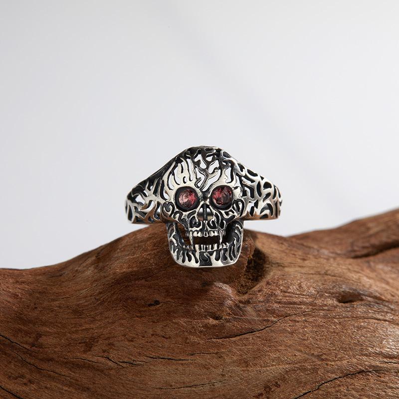 Personalized Trendy Ring Fashion Open Ring S925 Silver Inlaid Natural Garnet Skull Ring Women