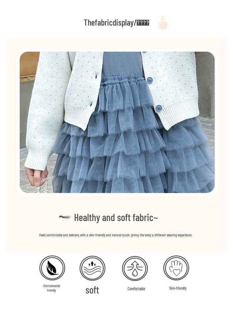 Girls' Spring and Autumn 2025 Korean-Style Knit Sweater & Skirt Set