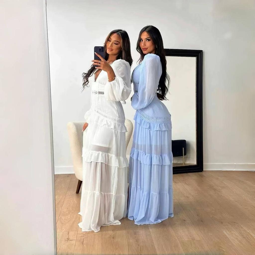 LYRIA Women Elegant Layered Ruffles Patchwork Long Dress Chic V Neck Puff Full Sleeves Split Maxi Dresses Fashion Lady Party Robes