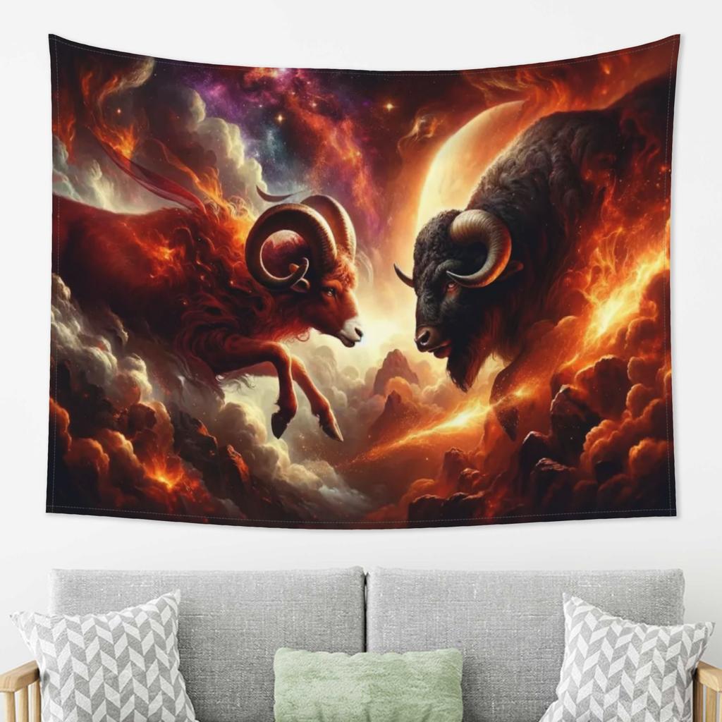Feuriger Tierkreis-Kollisions-Wandteppich Feiern Sie Astrologische Kunst mit Widder und Stier im Kosmischen Kampf Perfekt für Schlafzimmerdekoration
