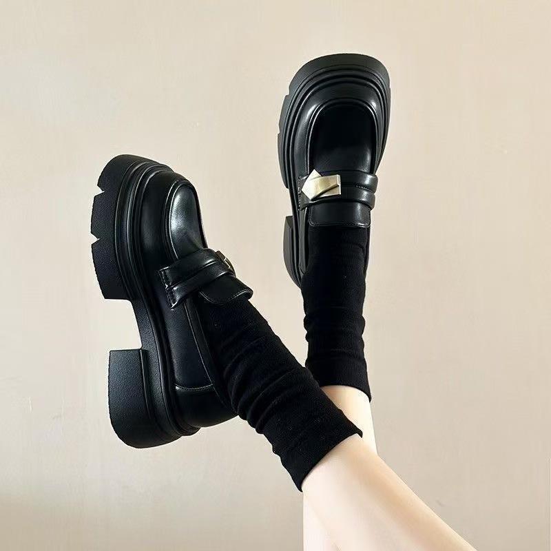 Vintage Mary Black Lightweight Platform British Style Small Leather Shoes New Spring