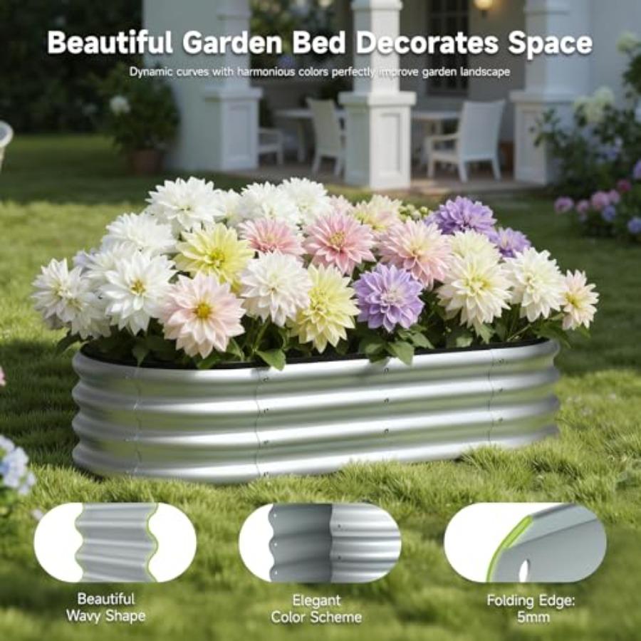 2PCS 4x2x1 FT Oval Metal Raised Garden Bed Kit Elevated Garden Planter Box Outdoor Trough Planter for Outdoor Plants Flower Veg