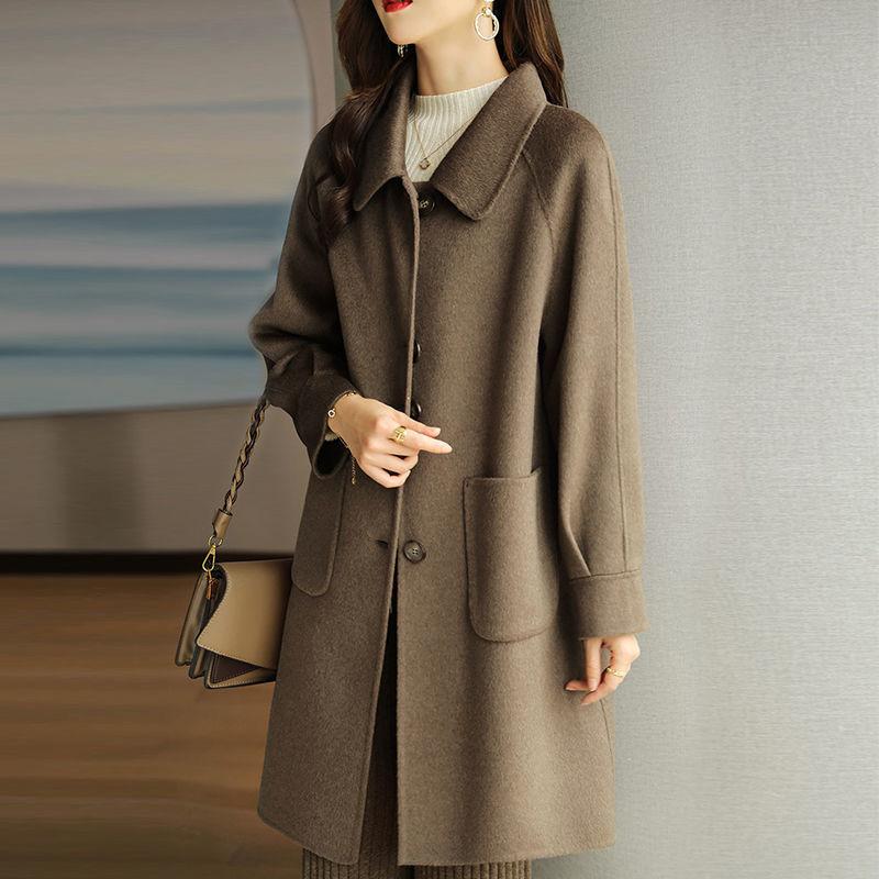 Dicker Wollmantel für Damen Koreanischer Stil Lockerer Schnitt Mittellang Elegant Mode Herbst Winter Neuankömmling Kleinere Größenfreundlich
