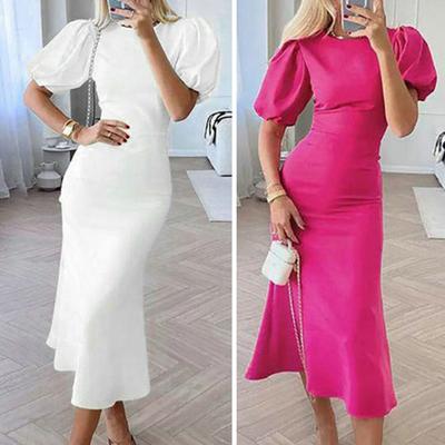 Kadın Midi Elbise Slim Fit Kabarcık Kollu Yuvarlak Boyun Kılıf Gevşek Hem Sıkı Bel Orta buzağı Uzunluğu Bayan Balo Kokteyl Ziyafet Midi Elbise