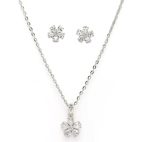 Rhodium Plated Silver Toned American Diamond Studded Floral Shaped Pendant Chain With Earrings Jewellery Set For Women And Girls