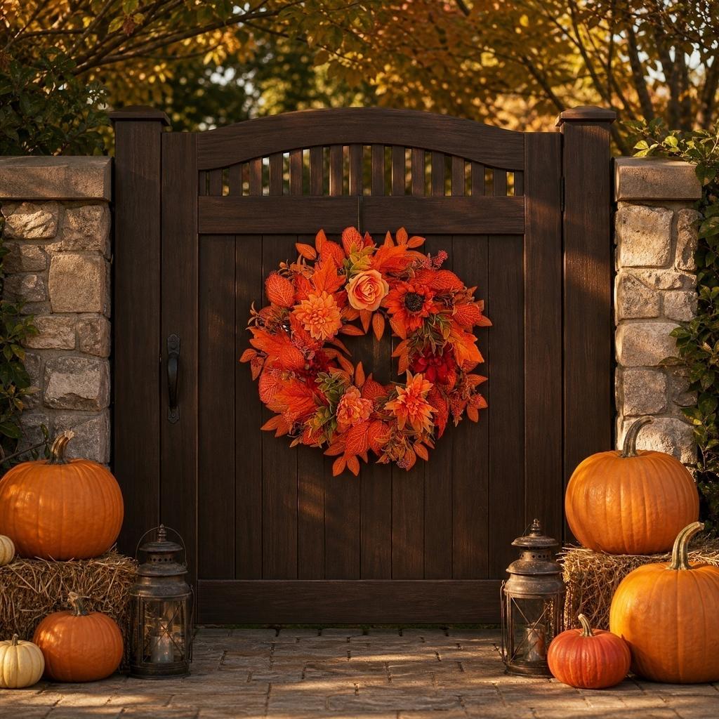 50cm Orange Red Maple Leaf Thanksgiving Door Wreath - Artificial Fall Wreath for Front Door Celebration Decor