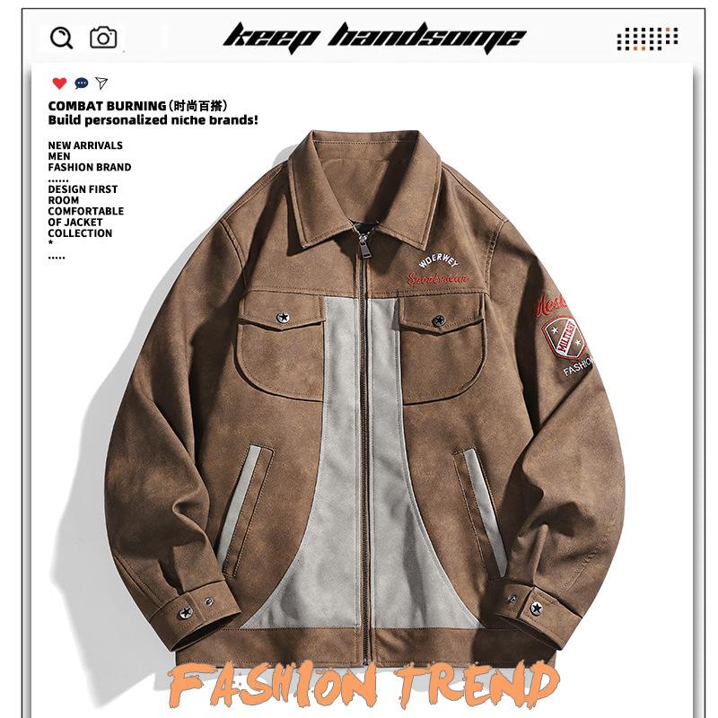 Autumn New Men's American High Street Contrast Colour Splicing Leather Jacket Loose Teen Trend Jacket