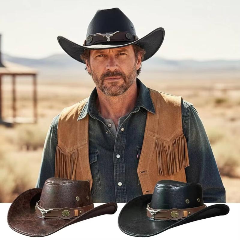 Retro Western Cowboy Hat with Fashion Bull Head Buckle Wide Brim Sun Protective Hat for Country Concerts Beach
