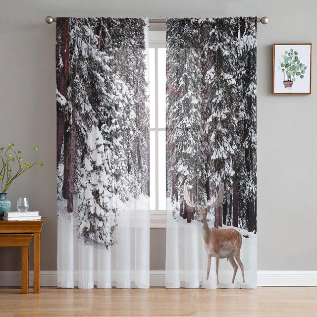 Snowing Winter Elk Christmas Tulle Curtains Living Room Decoration Bedroom Kitchen Window Treatment Sheer Made Of Polyester Area Decor
