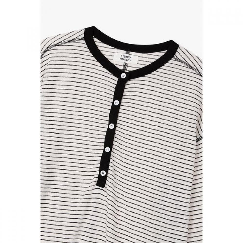 STUDIO TOMBOY Henley Neck STripe Long Sleeve T shirT 9106222221 