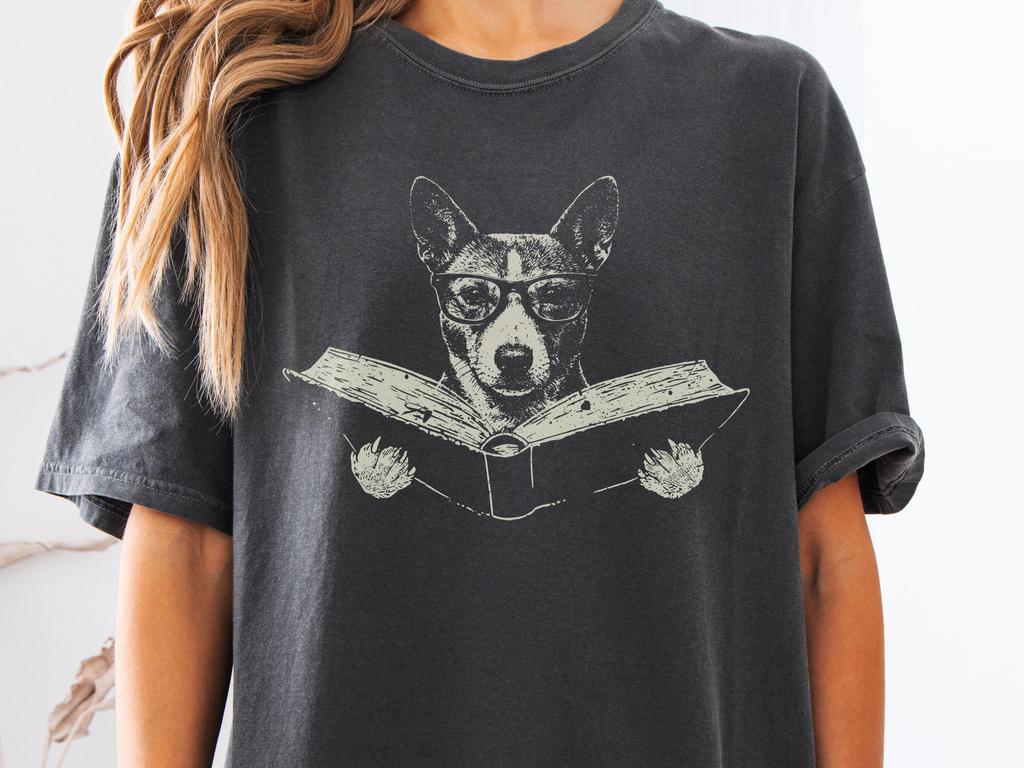 Basenji Reading Book Comfort Colors T-Shirt - Barkless Dog Mom Shirt - Dog Dad Gift Tee - Nerd Dog Bookish Style