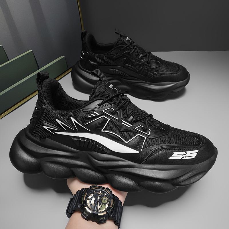Large Size Men's Shoes Mesh Breathable Thick Sole Men's Sports Shoes Casual Running Little White Dad Shoes All Black Dad Shoes