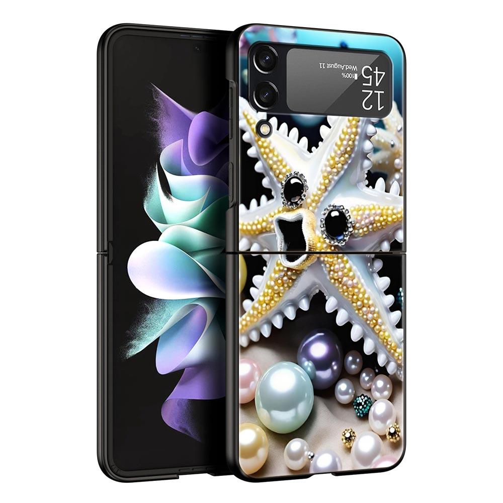 Ocean Coastal Seashell Seaweed Pattern Hard PC Phone Case For Samsung Galaxy Z Flip 7 6 5 4 Black Cover For Galaxy Z Flip3 Shell