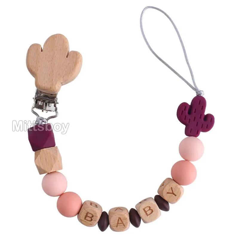 Handgefertigt Personalisierte Name Kaktus Schnullerclips Ketten Silikonperlen Personalisieren Säugling Chupetero Zahnung Personalisiert Geschenk