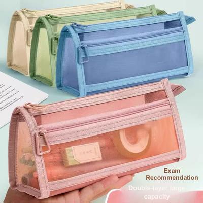 2 pièces Trousse à crayons Grande Capacité en Maille Transparente Double Couche Spécial Examen Nouvelle Maille Simple Double Couche de Haute Qualité Esthétique