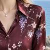 Burgundy floral long sleeved lapel shirt, seasons women's clothing, modern elegance, casual fashion, versatile style for seasons