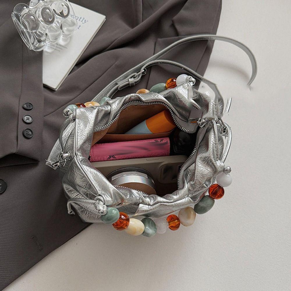Tote Bag Beading Handle Shoulder Bag Crossbody Bag Women's Shoulder Bag Cute Silver PU Bag  Travel