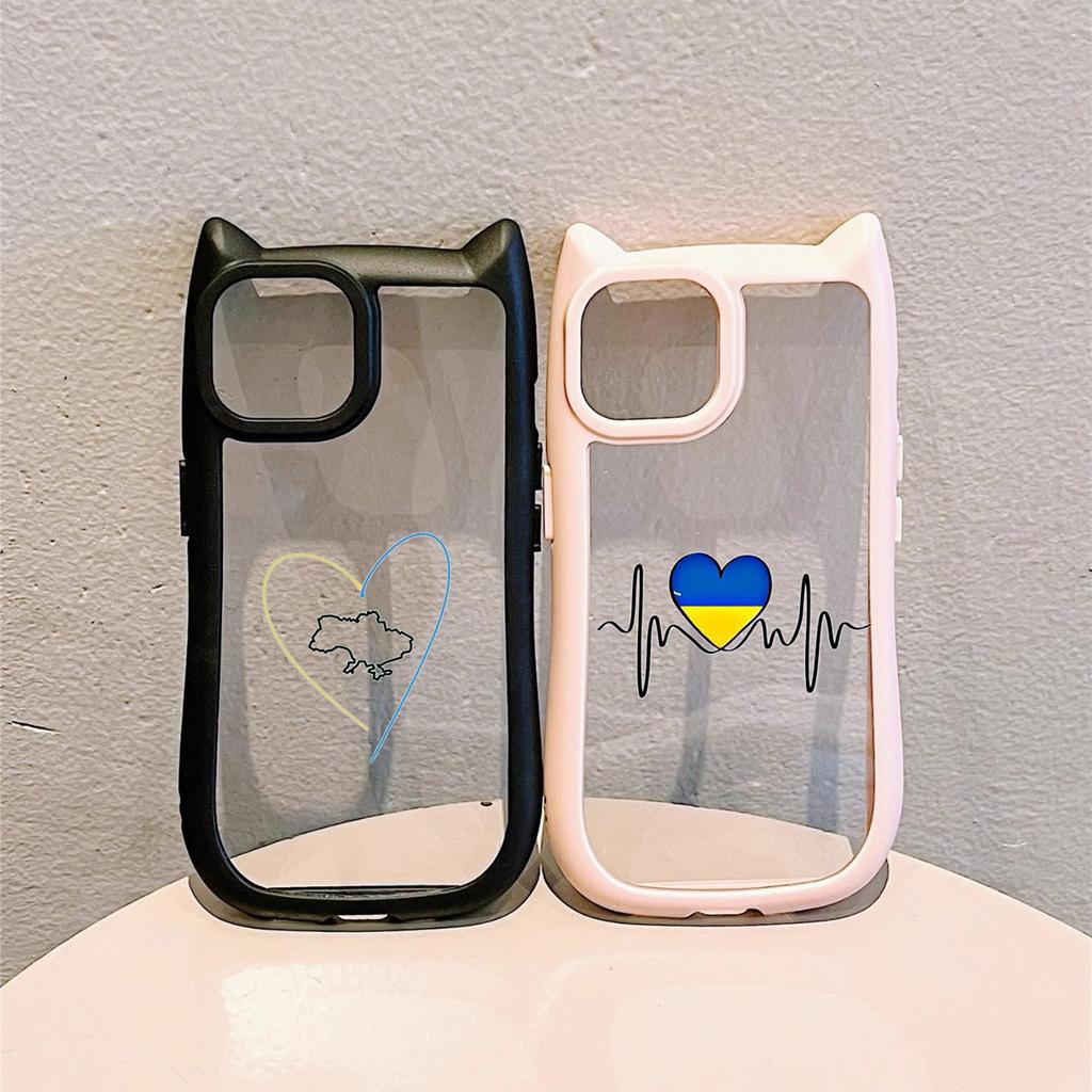 Soft Cat Ear Phone Cases for iPhone 16 15 13 12 11 Pro Max 14 Plus XR XS Max TPU Anti-Drop Transparent Acrylic Back Cover N88 Love Design