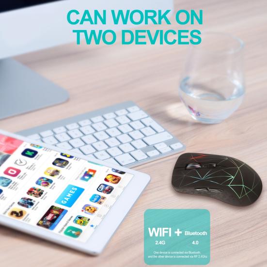 Bezdrátová myš Bluetooth Dobíjecí Dual Mode 3 Nastavitelné DPI 6 tlačítek Ergonomická optická herní myš pro PC Počítač Laptop