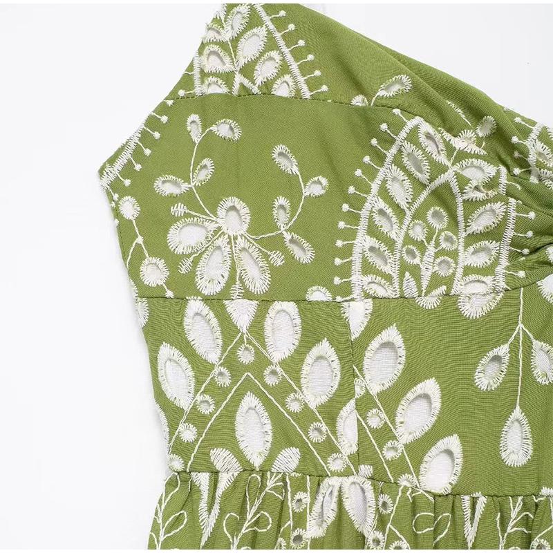 Printed Hollow Out Sling Women Dress Elegant Green Sleeveless Backless High Waist Dresses Female Summer Lady Beach Robe