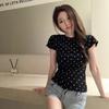 Korean Polka Dot Printing Round Neck Front Shoulder Short-sleeved T-shirt Women's Summer New Slim and Thin Versatile Top Trend