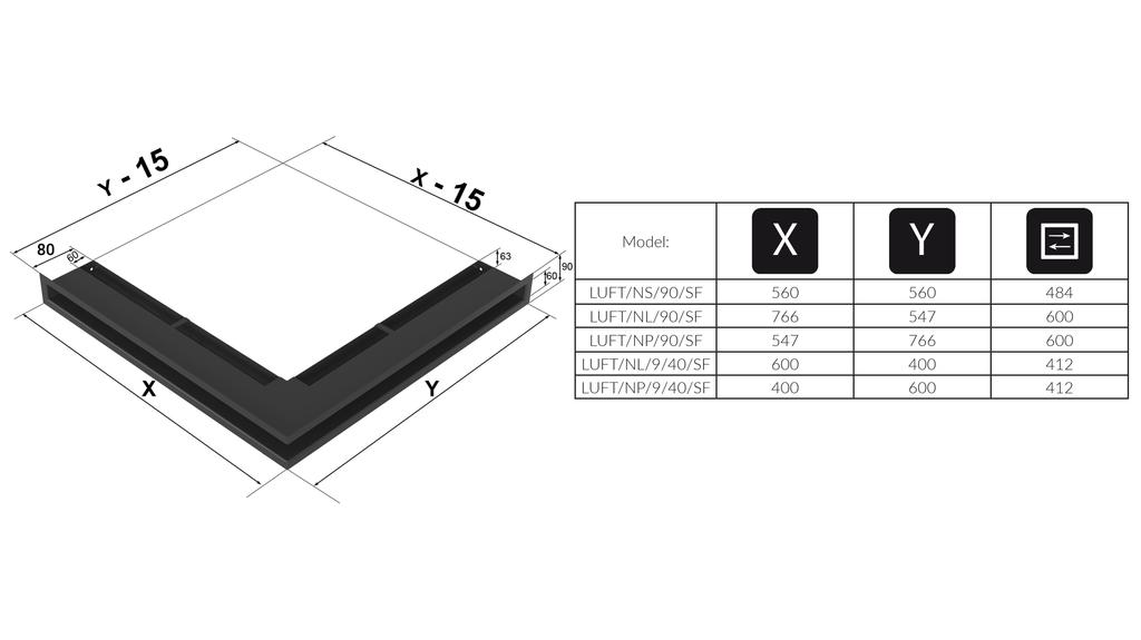 Vent Cover LUFT Corner Right 40x60x9 Polished Slim