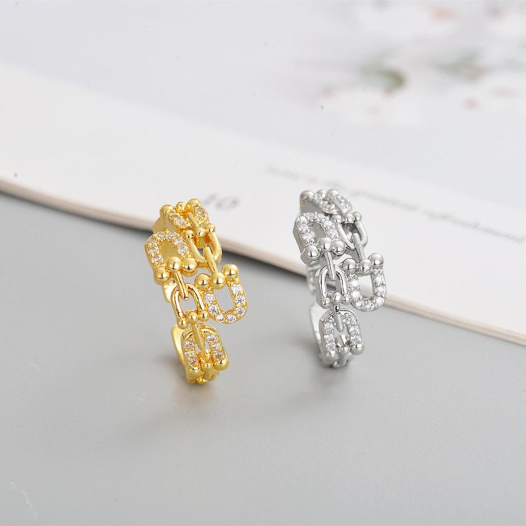 2026 Women's Gold-Plated Copper Full Diamond Pig Nose Bracelet and Ring Set