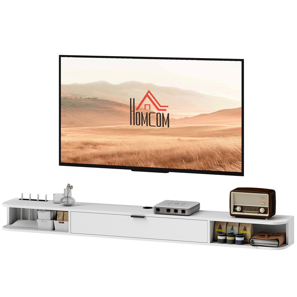 Wall-Mounted TV Cabinet, TV Stand for Televisions up to 75 Inches, Drop-Down Drawer, 2 Shelves, 180x24x16cm, White
