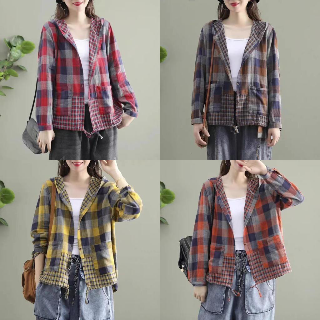 Vintage Plaid Shirt With Linen Cotton Fabric For Casual Autumn Wear