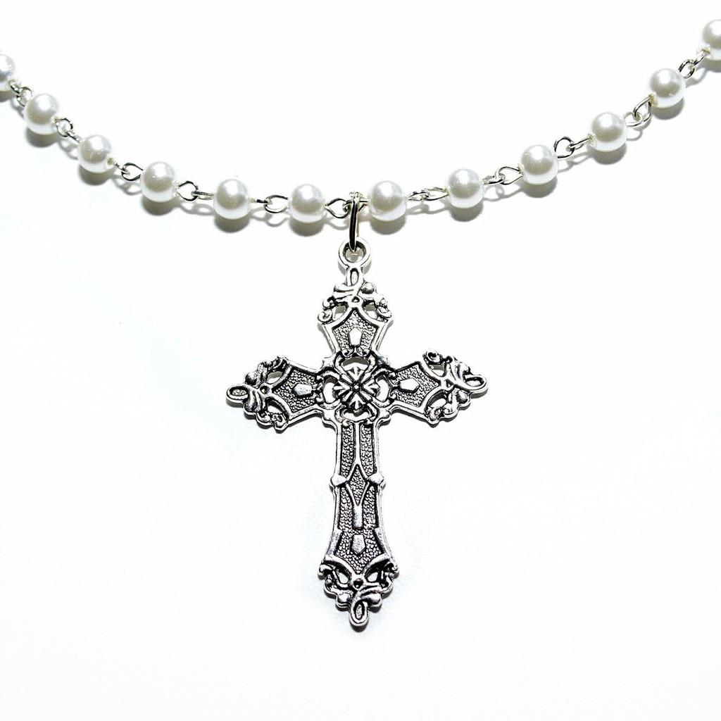 Cross Pendant Necklace With Pearl Chain And Geometric Alloy Design For Fashion Jewelry Enthusiasts