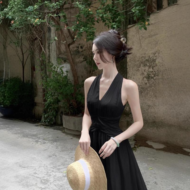 French Collar Neck Sleeveless Dress Women's Summer Temperament Waist Thin Long Dress Gentle Vacation Fairy Dress