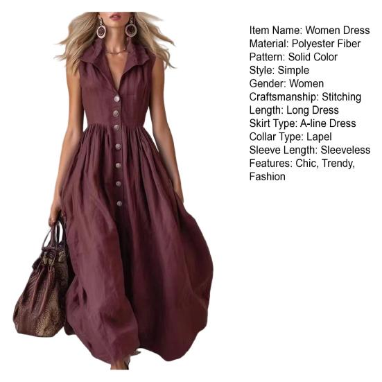 Summer Maxi Shirt Dress for Women Sleeveless Button Down Lapel Long Dress Beach Vacation A-line Flowy Sundress with Pockets