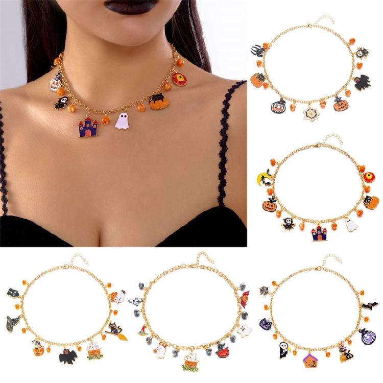 Halloween-Themen-Halskette mit Katzen-Kürbis-Anhänger, bequeme Legierung, verstellbar, Party-Schmuck