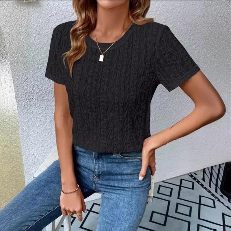 Yazlık Yeni Kısa Kollu Delikli Dantel Kadın Günlük Gömlek Düz Renk O Yaka Bol Ofis Bluz Basit Zarif Moda Tatlı Üstler Kadın Giyim