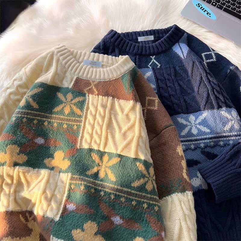 High-End Men's Trendy Thick Knit Sweater - Autumn/Winter Style: Retro American Christmas & Japanese Lazy Knitwear
