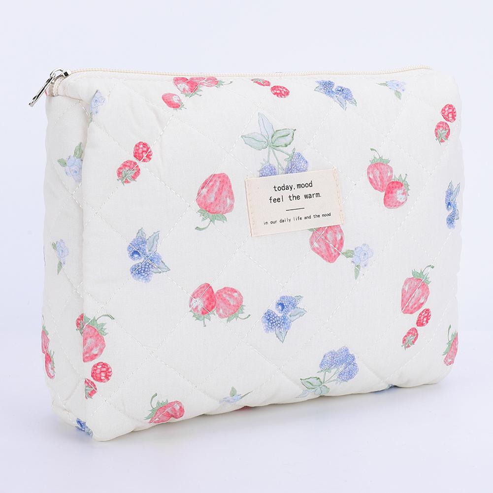 3Pcs Padded Makeup Bag Strawberry Print Quilting Storage Bag Adorable Padding Skincare Pouch Bathroom Shower Travel Bag