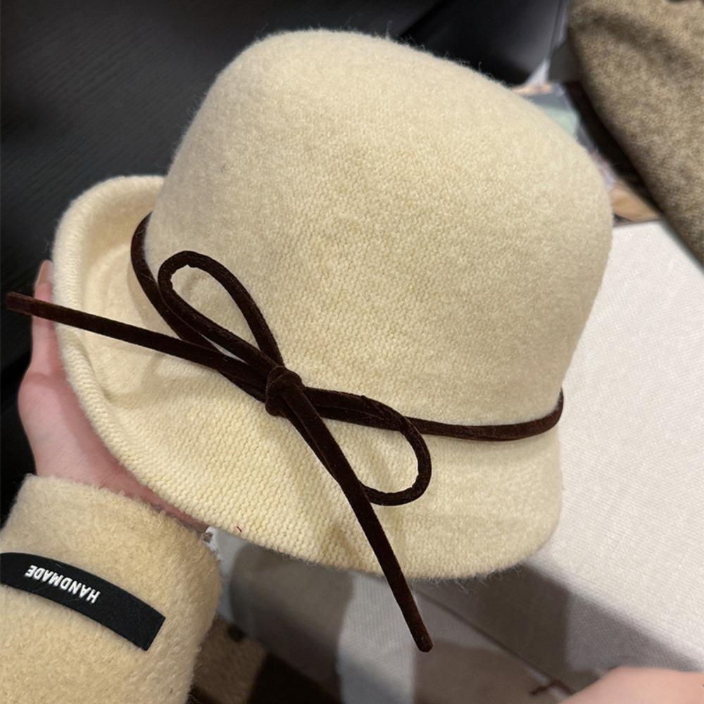 Elegant Woolen Bucket Hat Bowknot Wool Fisherman Hat Retro Hepburn Style Topper Hat Outdoor