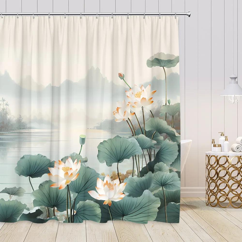 Chinese Style Shower Curtains Lotus Koi Bamboo Chinese Ink Painting Bathroom Curtain Vintage Bath Decorations For Home
