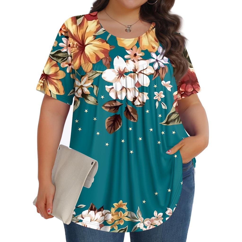Women's Fashion Casual  Print Round Neck Short Sleeve Top Womens Plus Size Tops