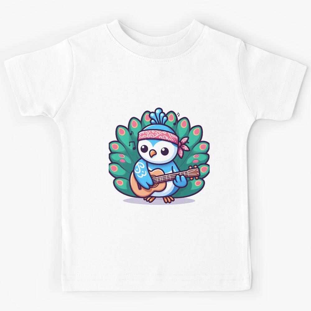 Kawaii Peacock With A Bandana Playing Guitar Kids T-Shirt 120