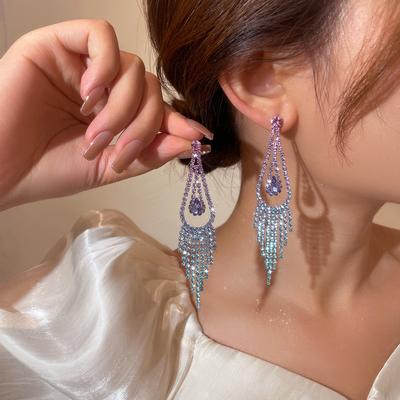 Personality Fashion Full of Diamond Tassel Long Earrings