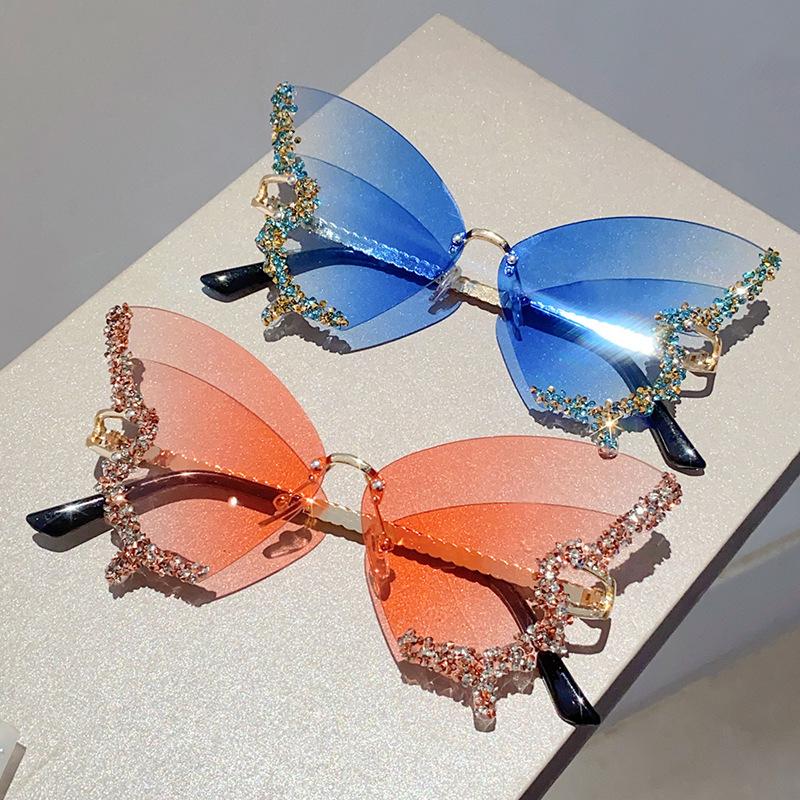 Schmetterling eingelegt mit gebrochenen Diamanten und randlose Sonnenbrille Retro-Mode personalisiertes Outfit High-End-Sonnenbrille
