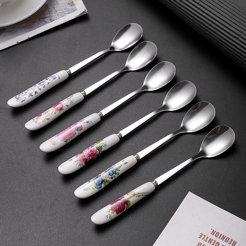 Creative Multi-Color Ceramic Mixing Spoon with Long Handle & Stainless Steel Glaze