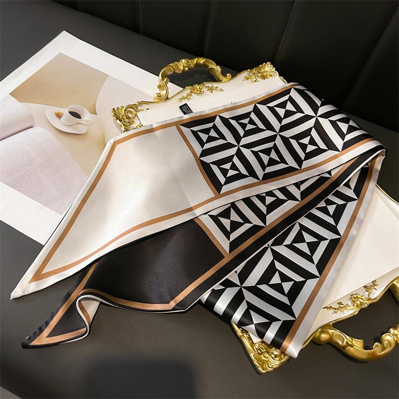 

Color Matching Geometric Double-Layer Scarf Fashion Decoration Silk Scarf Commuting Temperament Spring And Summer Diagonal Scarf Versatile Thin Narrow 147x14cm