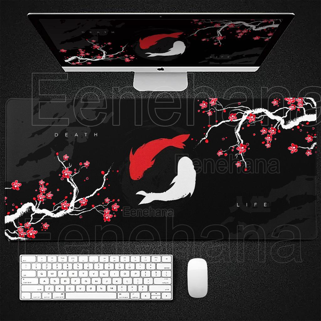 Japanese Black White PC Gaming Big Mouse Pad Yin Yang Fish Sakura Nonslip XXL Desk Keyboard Expansion Mat Office Accessories