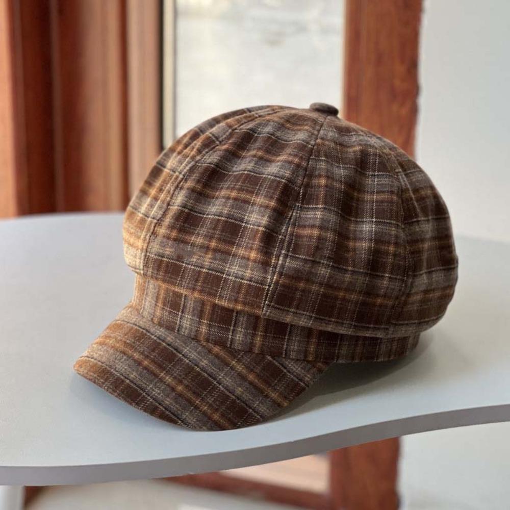 Polyester Grid Beret Cap Thin Women Octagonal Hat Forward Hat Plaid Cloud Cap  Summer