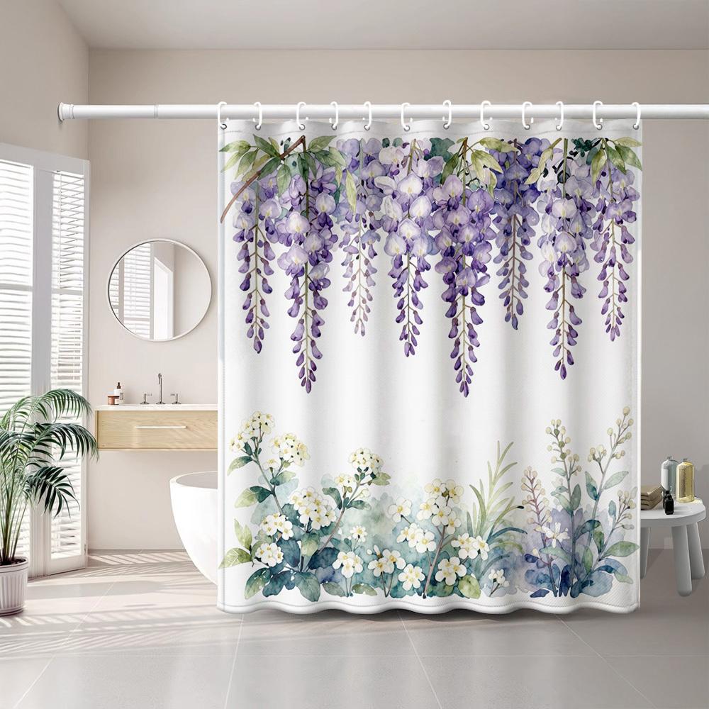 1pc of Purple Wisteria And White Small Flowers Watercolor Printed Shower Curtain, Perfect for Home Decor, Includes Plastic Hooks