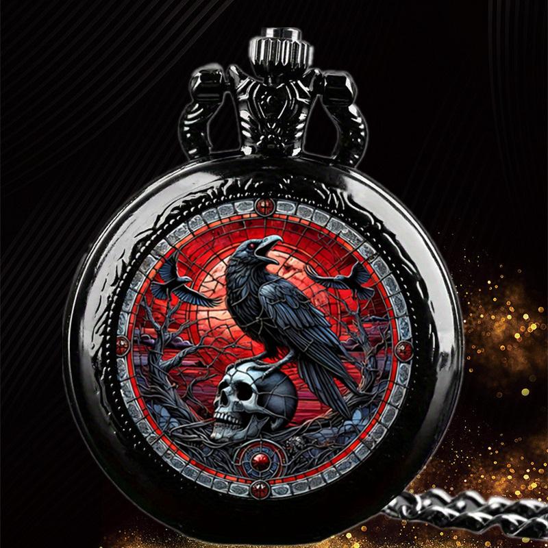 Vintage Style Crow Pocket Watch Quartz Movement Round Dial Black Necklace Souvenir Gift