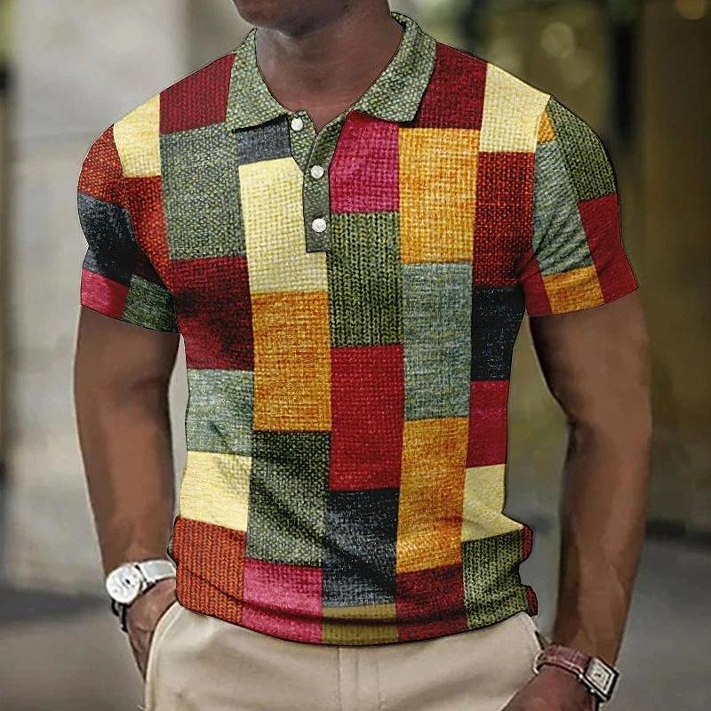 Vintage Colorful Grid 3D Printed POLO Shirt Men's Casual Gentleman Short-sleeved Top Outdoor Casual Men's and Women's Polo Shirt